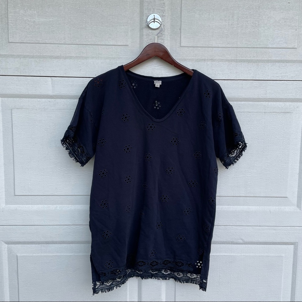 LOFT Beach Womens Shirt Navy Blue Short Sleeve Crochet Fringe Trim XS